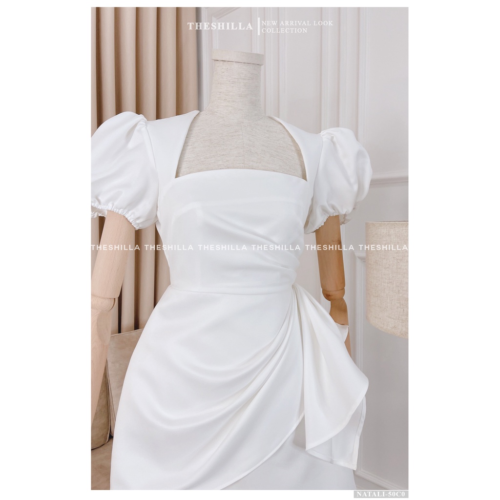 Váy thiết kế cao cấp màu trắng tay phồng eo nhún bèo cổ vuông  The Shilla - Natali-50C0