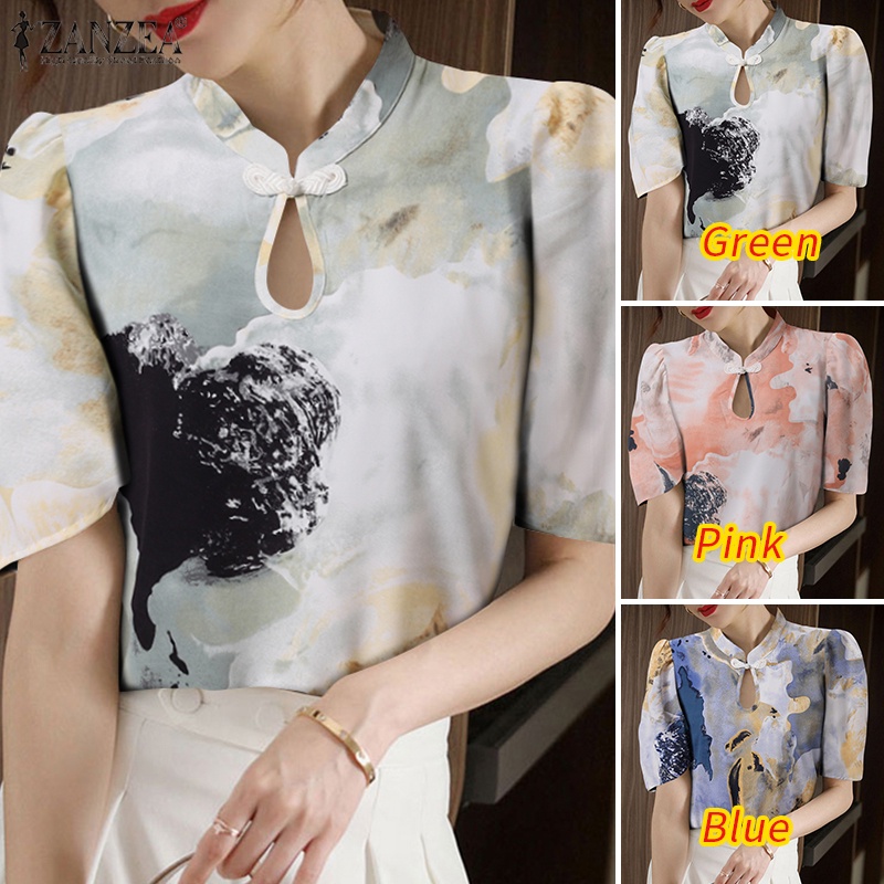 Áo sơ mi ZANZEA tay ngắn cổ đứng in họa tiết phong cách trung hoa cổ điển thời trang cho nữ