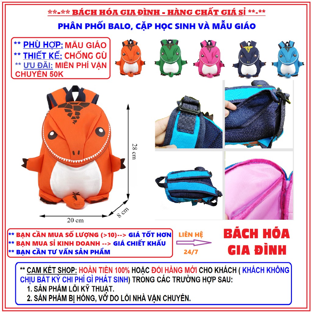 (MUA LẺ GIÁ SỈ) BALO MẪU GIÁO HÌNH KHỦNG LONG NHE RĂNG 3D ĐÁNG YÊU