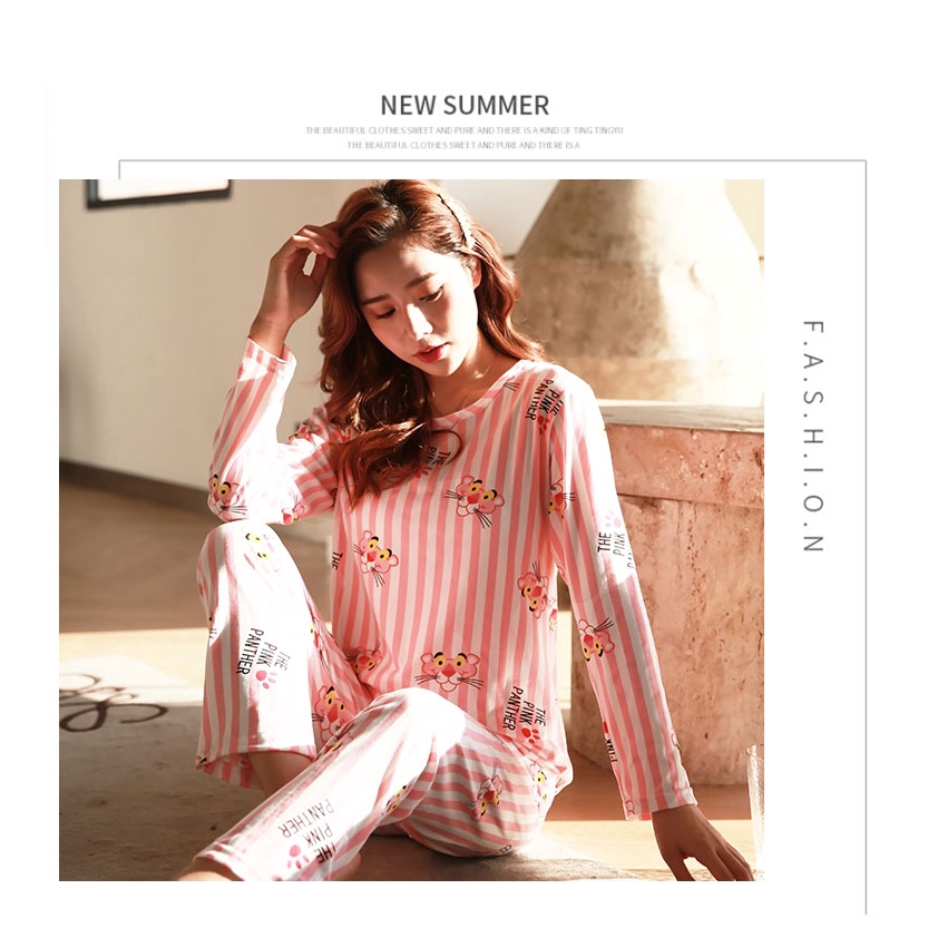 xiaohan korea spring autumn loose female nightwear round neck long sleeve sleepwear set women cute printed pajama suit | BigBuy360 - bigbuy360.vn