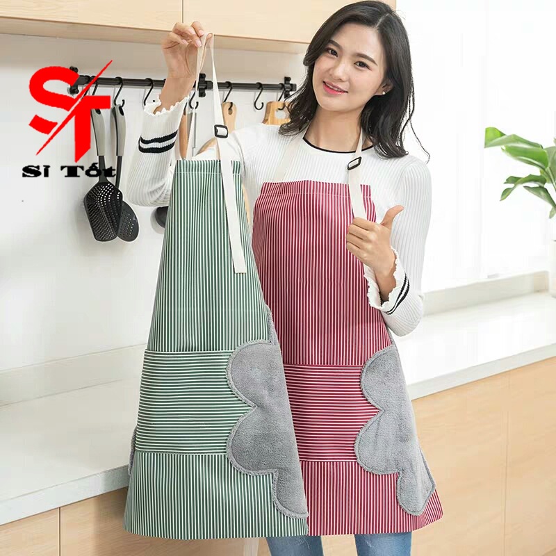 Tạp Dề Chống Thấm Nước Kẻ Hoa Có Khăn Lau Tay Bên Hông