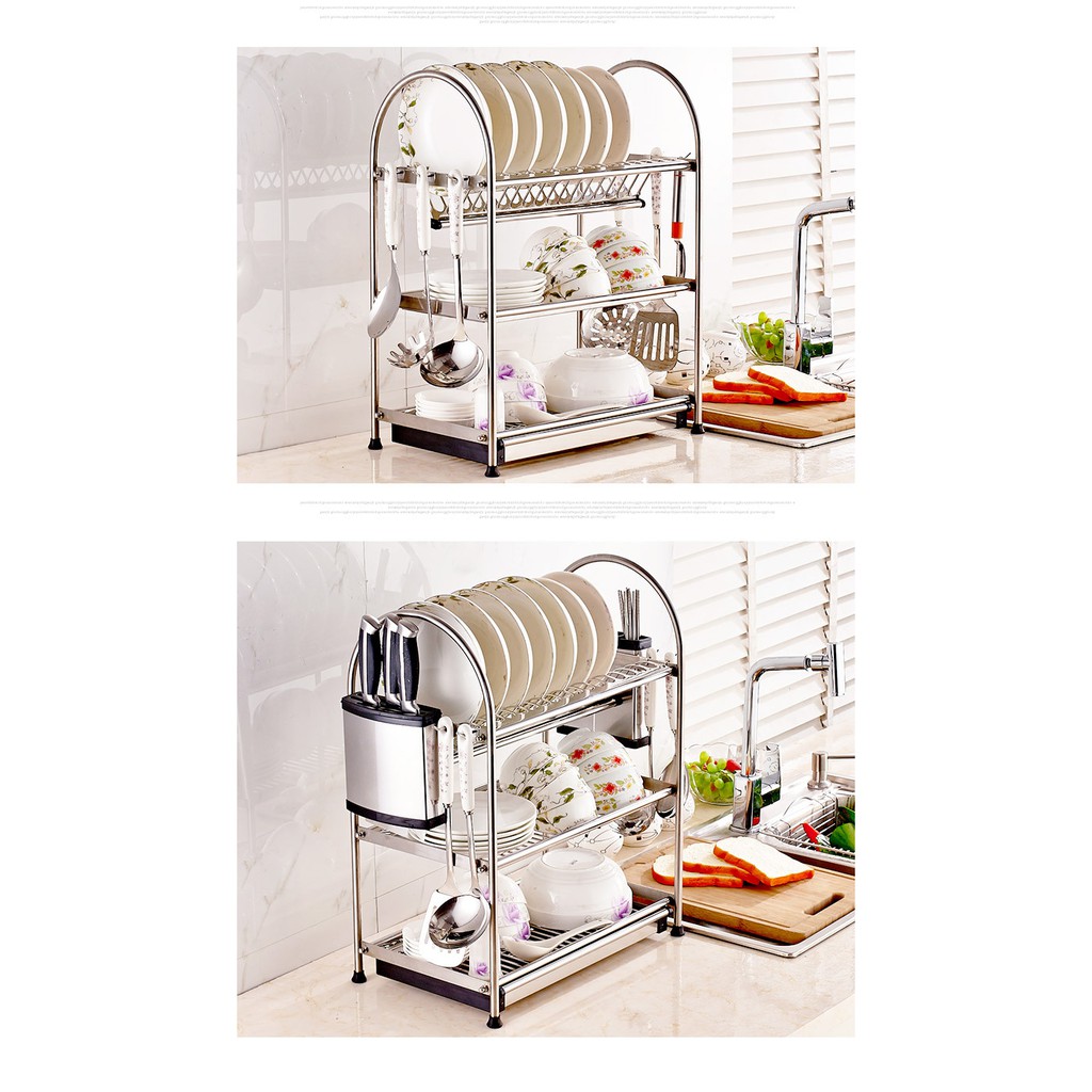 Kệ để bát đĩa kèm ống gài dài ống cắm đũa đa năng bằng inox 304 không gỉ sét H38