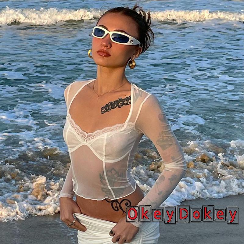 Áo croptop tay dài cổ vuông xuyên thấu thời trang dành cho nữ