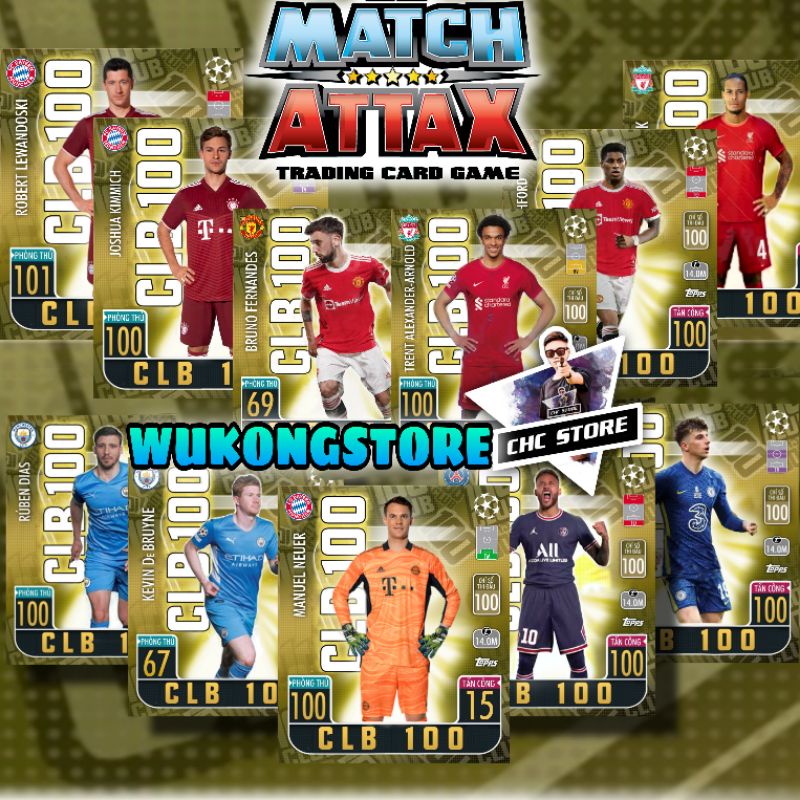 THẺ IN Clb 100 match attax 2021/22 cầu thủ bóng đá size poca