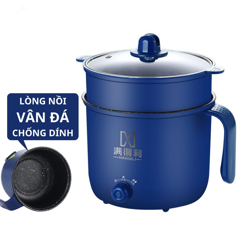 Nồi lẩu điện mini 2 tầng, ca nấu mì 2 nấc nhiệt 18cm chống dính thế hệ mới có tay cầm tặng kèm giá hấp nhựa tiện dụng