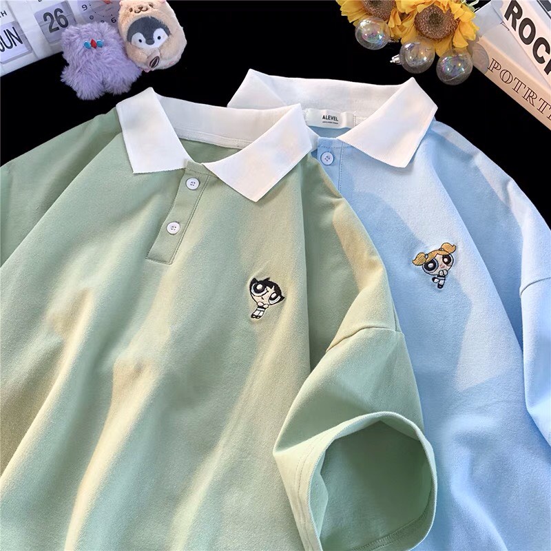 Áo polo unisex thêu logo cute - Áo thun nữ tay lỡ cổ bẻ chất cotton mềm mát dễ phối đồ màu trắng, xanh dương, xanh lá