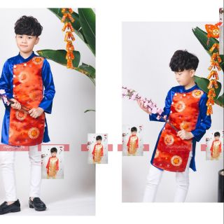 [ XẢ HÀNG ] Áo dài cách tân bé trai họa tiết đỏ xanh chất liệu lụa cao cấp phối gấm
