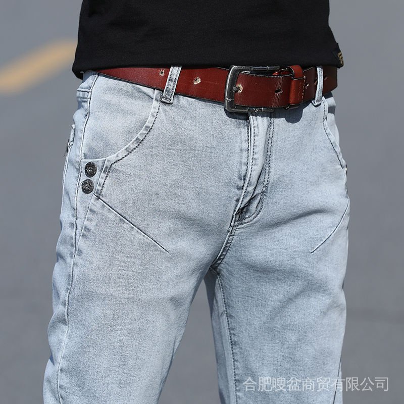 Autumn fleece-lined thickened retro gray jeans men's slim-fit trendy skinny pants men's Korean-style stretch pants