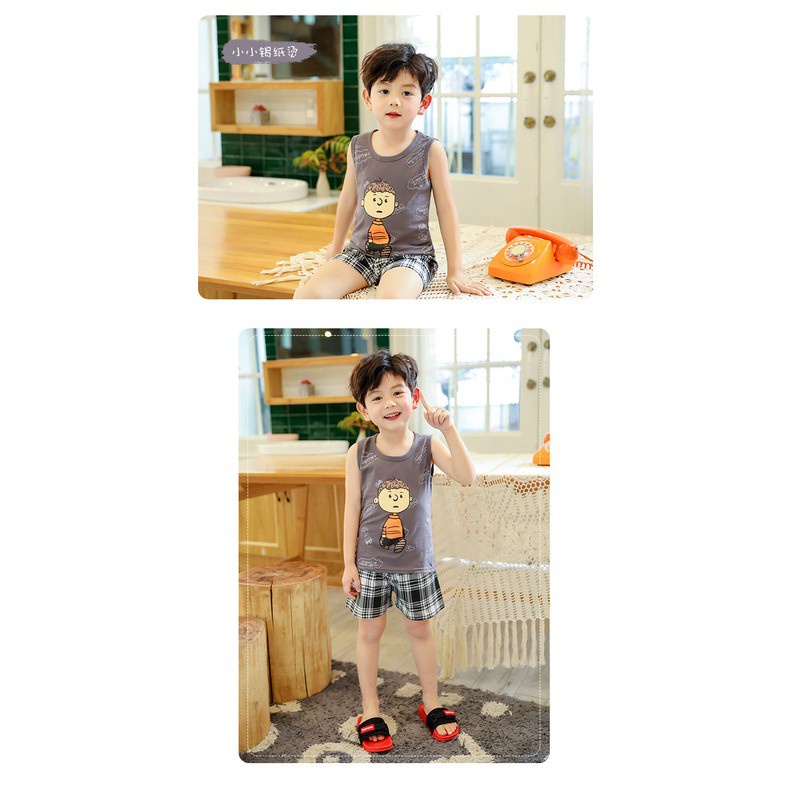 Set đồ 2 món gồm áo sát nách + quần short vải cotton phong cách Hàn Quốc cho bé