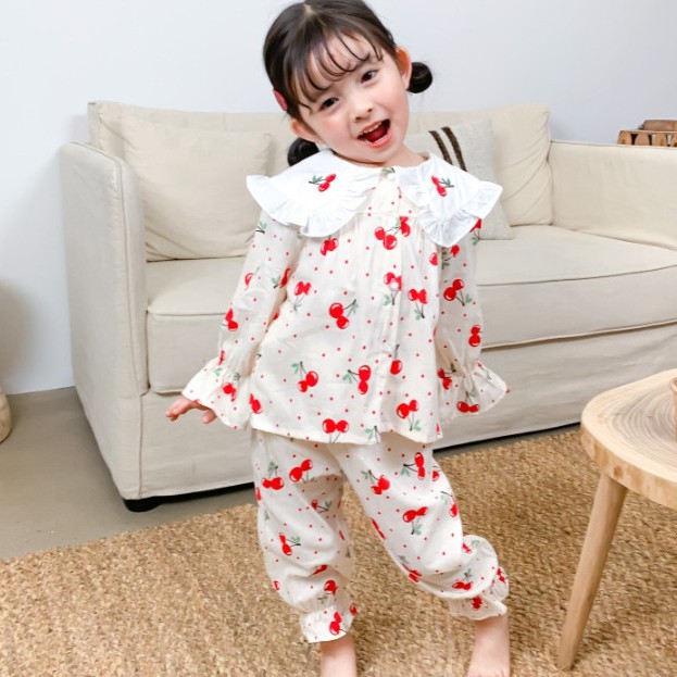 Bộ pizama dài tay cho bé gái | Họa tiết cherry | Mềm mịn | 9-23kg |