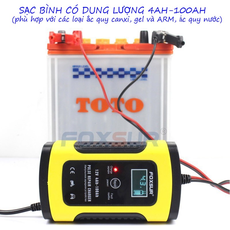 Sạc bình ắc quy 12V FOXSUR tự ngắt khi đầy chức năng bảo dưỡng phục hồi ắc quy bằng khử sunfat chống ngược cực