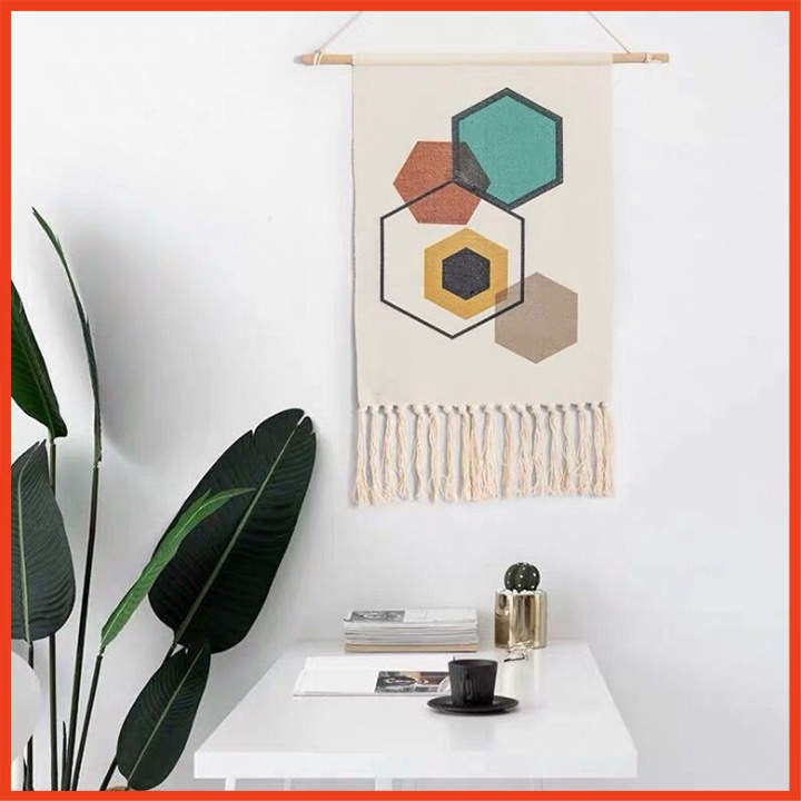 Tranh vải - Thảm treo tường phối tua rua họa tiết thổ cảm phong cách Retro + Tặng kèm thanh gỗ,dây treo,đin
