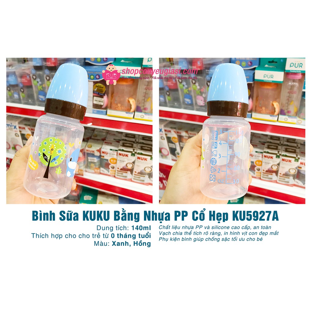 Bình Sữa KUKU Nhựa PP Cổ Thường KU5927A 140ml