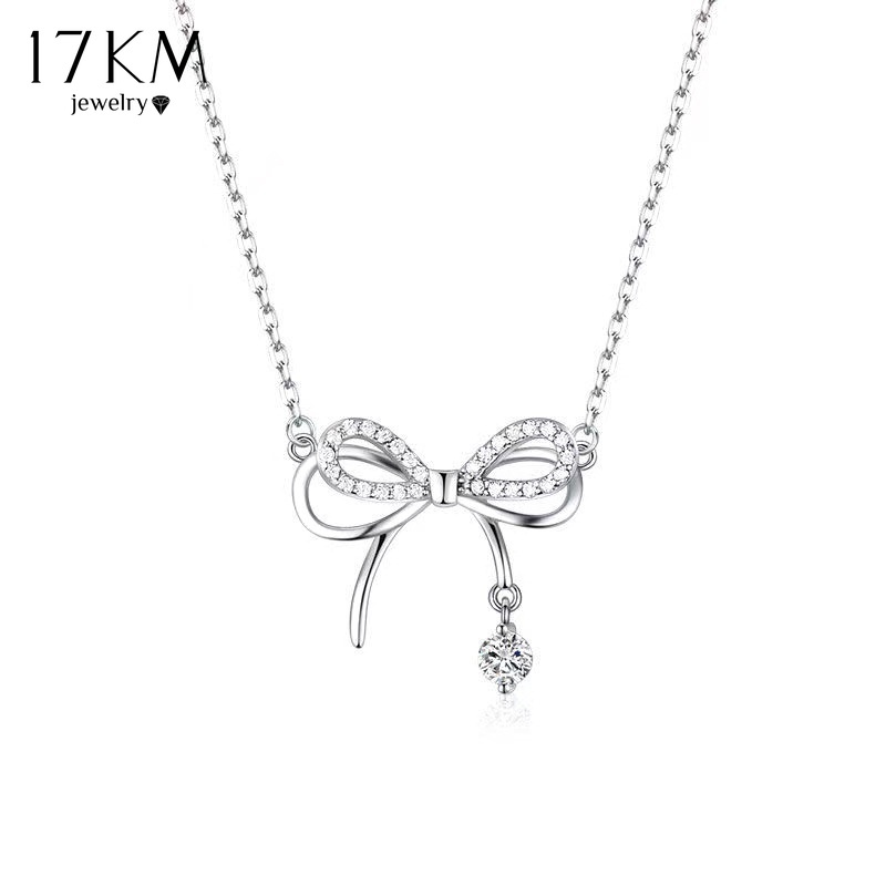 Vòng cổ bạc mặt hình nơ đính đá 17KM thanh lịch cho nữ