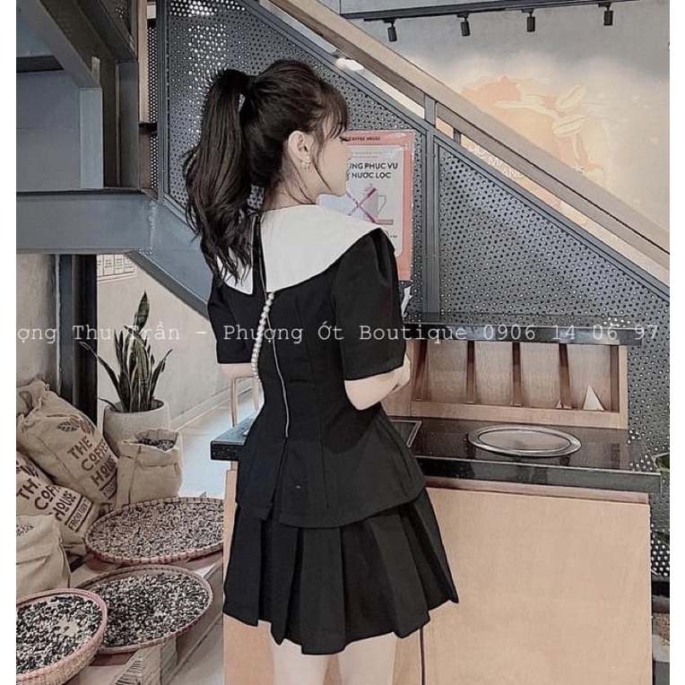 Áo Kiểu Đen Cổ Trắng Nhọn (Hàng QC Loại 1) Áo Kiểu Đen Chất Tuyết Đẹp