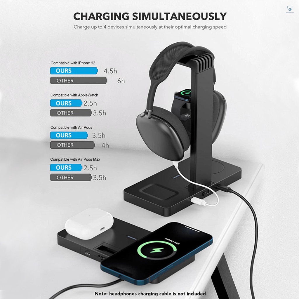 Đế Sạc Nhanh Không Dây 4 Trong 1 Có Giá Đỡ Tai Nghe Cho Apple iWatch AirPods 2 / 3 iPhone 12-8 Series