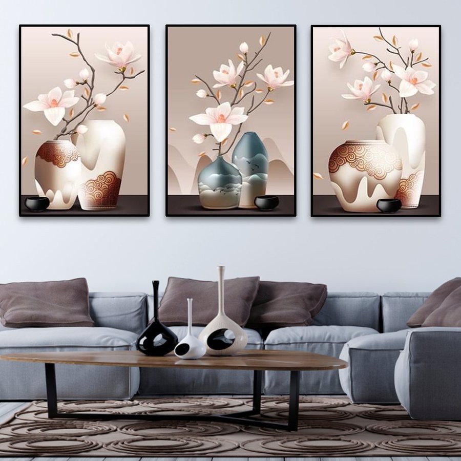 Bộ 3 tấm tranh canvas treo tường trang trí nhà cửa lọ hoa hồng kèm đinh 3 chân không cần khoan tường