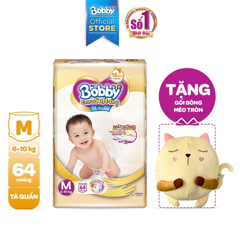 [Tặng Gối Bông Mèo Tròn] Tã Quần Bobby Extra Soft-Dry S70/M64/L56/XL50/XXL46