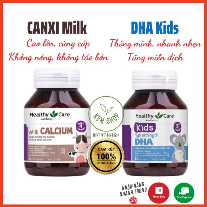 [Cam kết chuẩn Úc] Canxi Milk Calcium sữa  + DHA kids Healthy care 60v, bổ sung canxi và DHA cho bé cao  lớn, thông mình