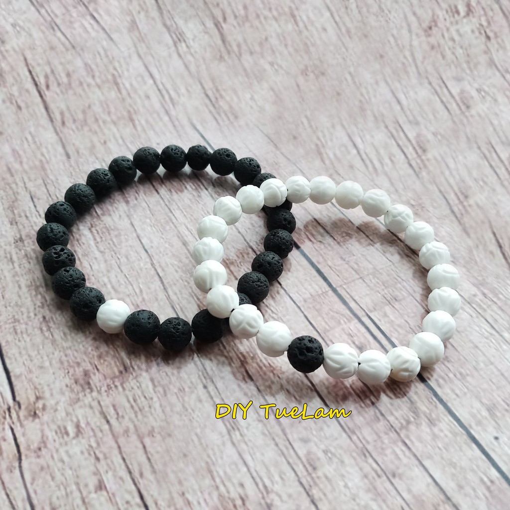 Vòng Tay Đôi  Gỗ Hóa Thạch Đen Trắng Nam Nữ May Mắn Tình Duyên