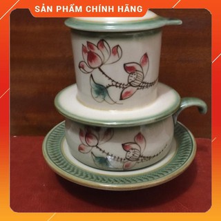 Bộ Phin pha cà phê men nâu hoạ tiết hoa sen - Gốm sứ bát Tràng cao cấp