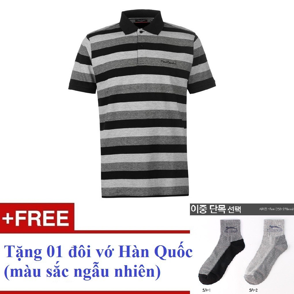 Áo thun nam Pierre Cardin Trio Colour Striped Polo (màu Black) + Tặng 1 đôi vớ Hàn Quốc