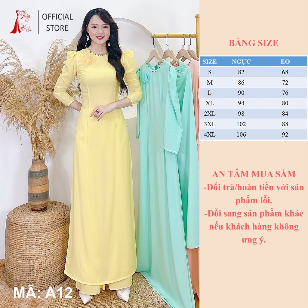 Áo dài lụa Nhật trơn tay bồng đính hoa voan màu vàng A12 mềm mại, co giãn, áo dài giá rẻ