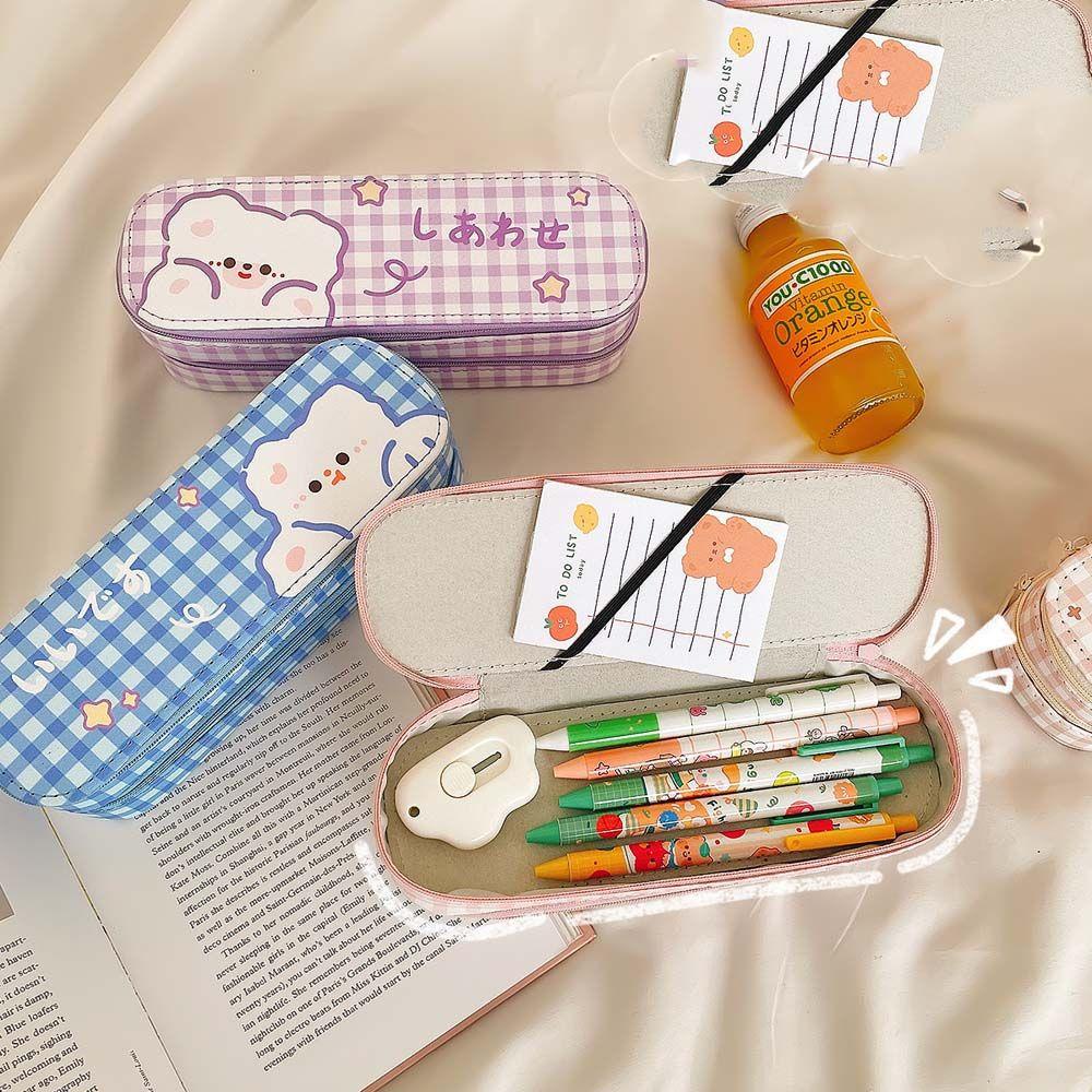 Túi Đựng Bút Sức Chứa Lớn In Họa Tiết Kẻ Ô Dễ Thương Cho Bé Ốp