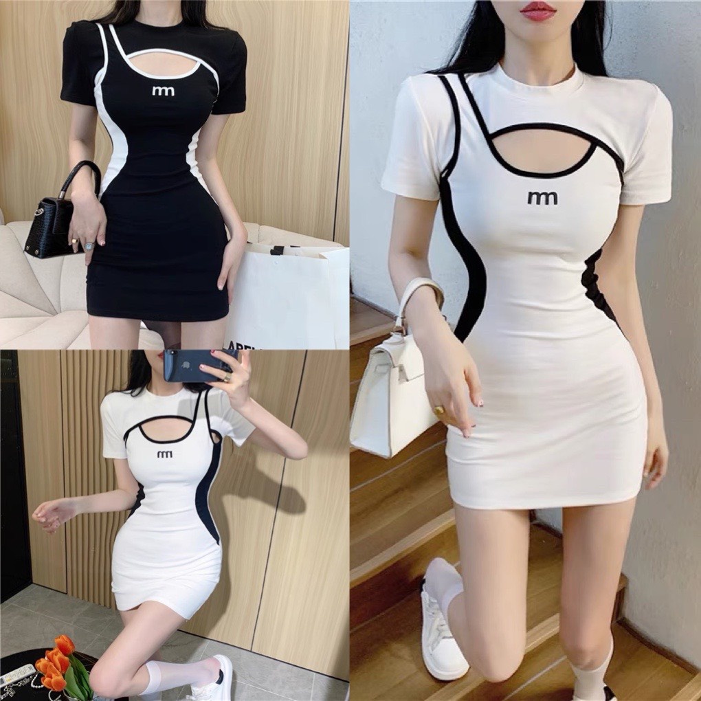 Váy ôm body khoét ngực chữ M phối viền sexy- đầm nữ sexy tôn dáng chất thun tăm màu trắng đen phong cách ulzzang