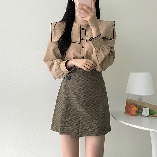 SUXI Áo Sơ Mi Tay Dài Màu Sắc Tương Phản Phong Cách Hàn Quốc Thời Trang Cho Nữ