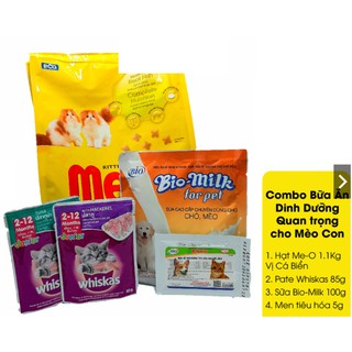 Combo Đồ Ăn Cho Mèo Con Từ 2 Tháng Hạt Thức Ăn Khô Me-O Pate Whiskas Sữa Biomilk Men tiêu hóa