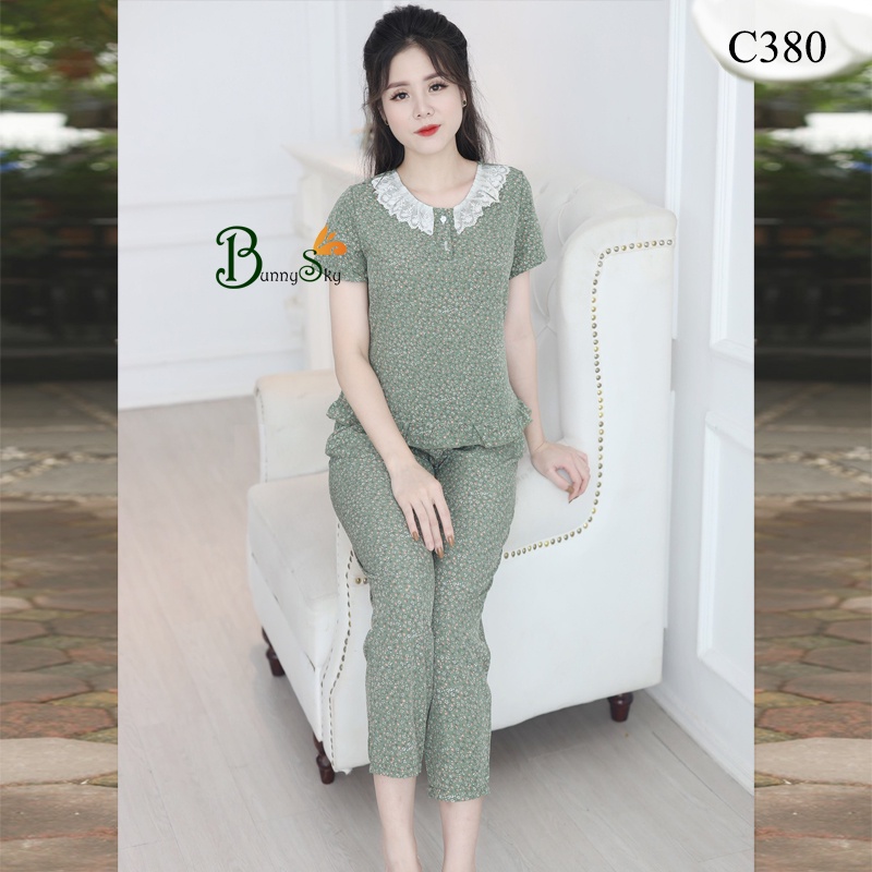 [Bunnysky] Đồ bộ mặc nhà, quần áo nữ mẫu tay cộc quần dài chất liệu lụa hàn họa tiết hoa lá