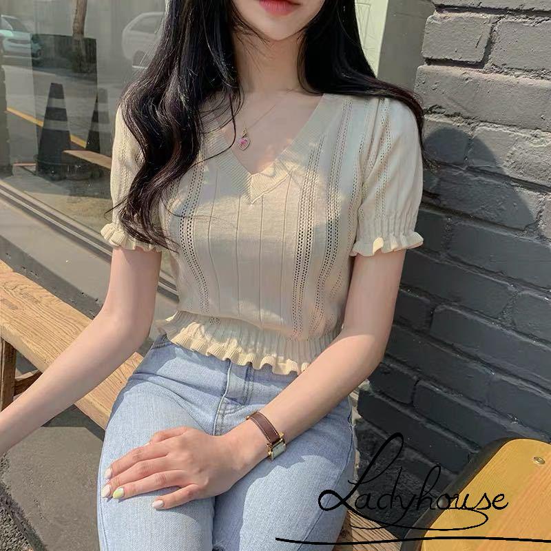 Áo Thun Dệt Kim Tay Ngắn Cổ Chữ V Màu Trơn Thời Trang Cho Nữ