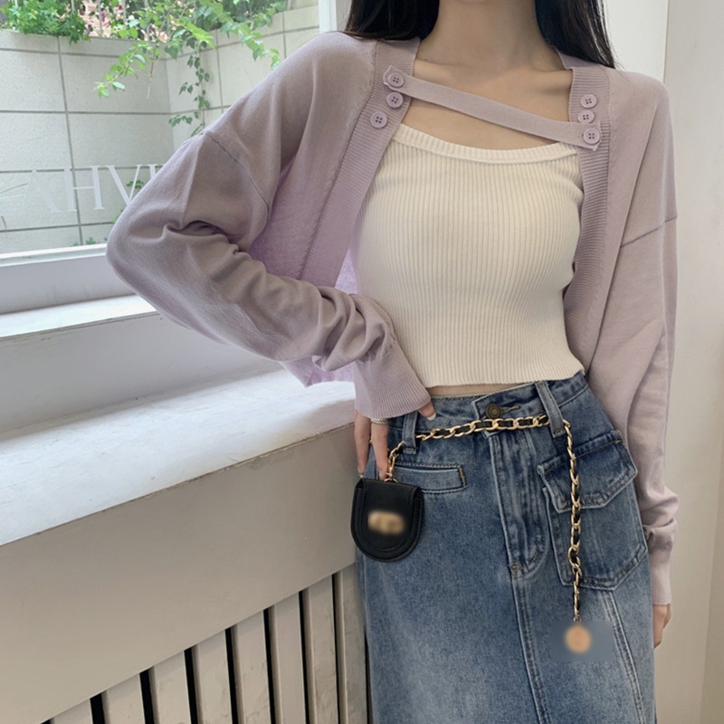 Xiangbao Áo Khoác Cardigan Dệt Kim Tay Dài Màu Trơn Cài Nút Phía Trước