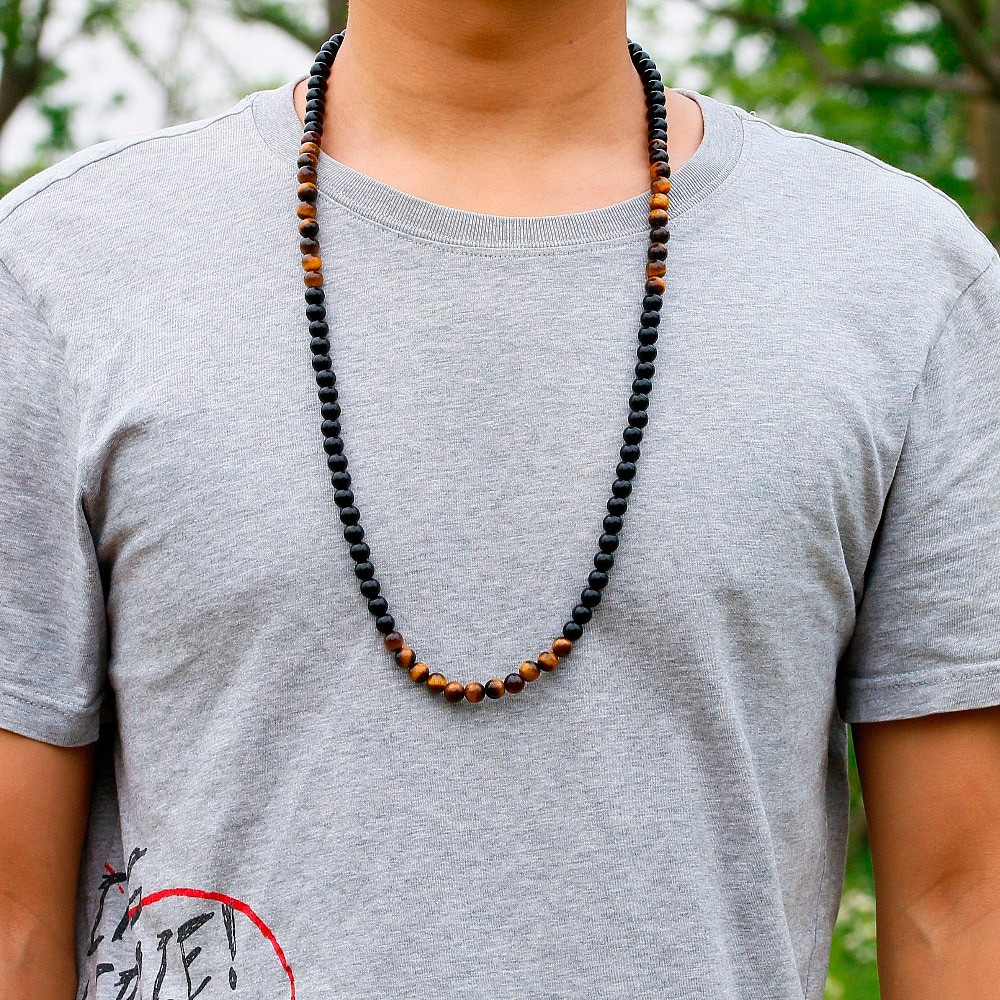 Vòng cổ Chuỗi Hạt Đá Mắt Hổ Màu Đen Tự Nhiên Thời Trang Cho Nam