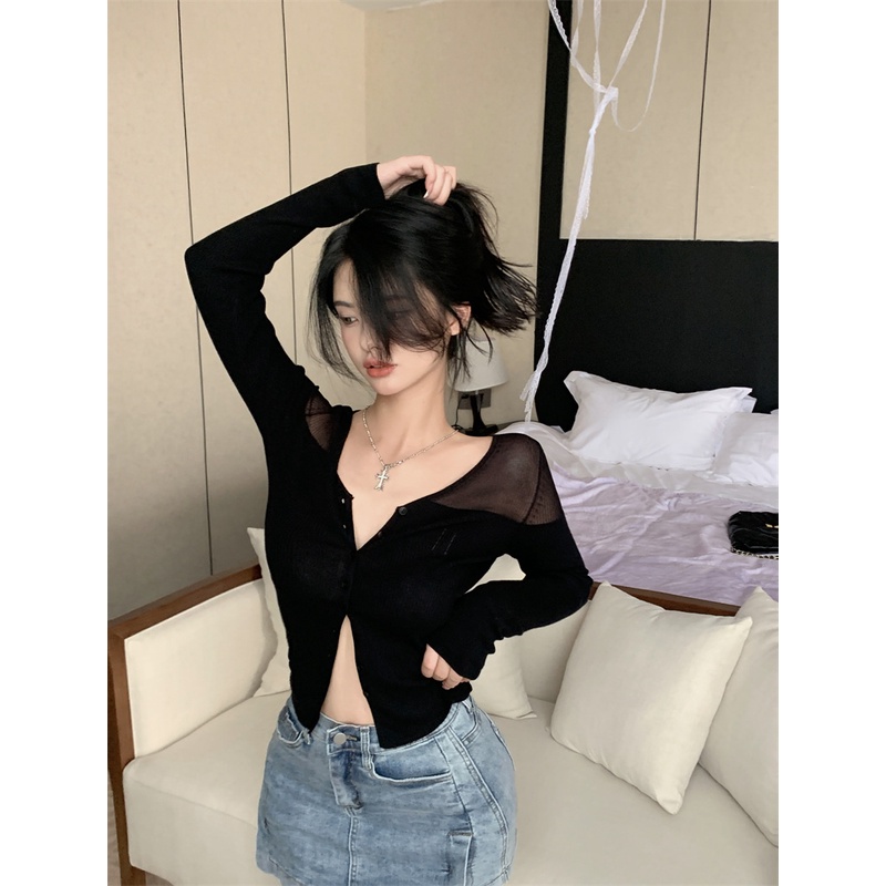 Áo dài tay dệt kim cardigan hot girl mỏng phần hơi trong suốt khâu cổ chữ V