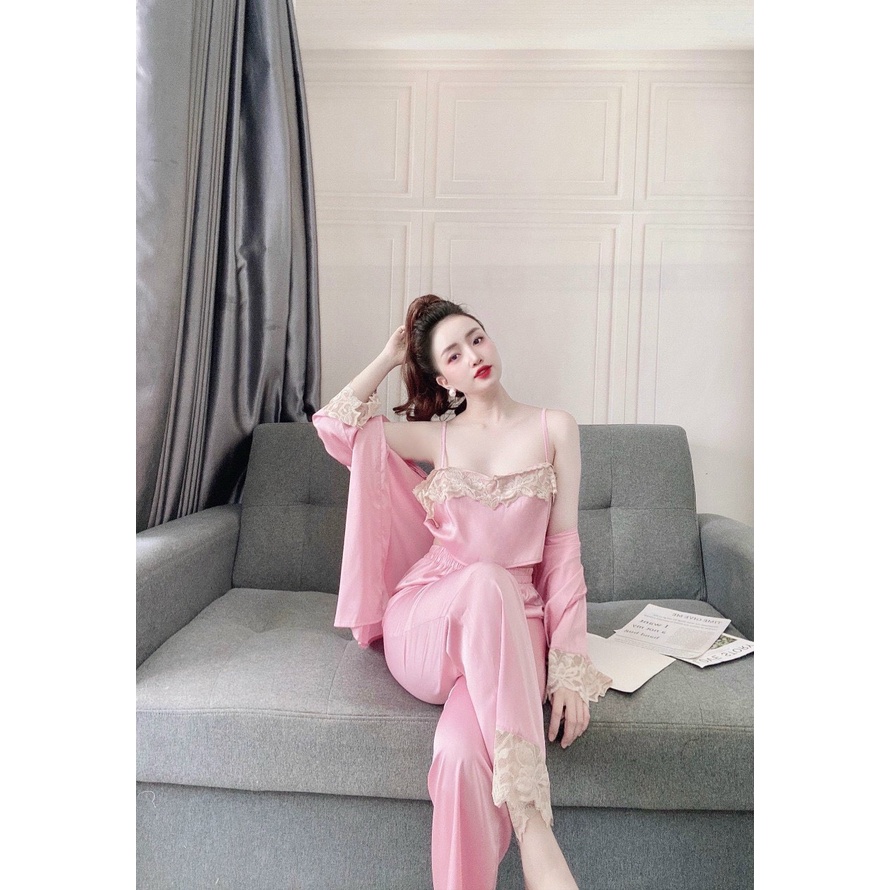 Set 3 Món Đồ Ngủ Nữ 2 Dây Phối Ren ⚡️ MẶC LÀ THÍCH ⚡️  Có Áo Quần và Áo Khoác Ngoài Lụa Satin Cao Cấp, Đồ Bộ Nữ Mặc Nhà