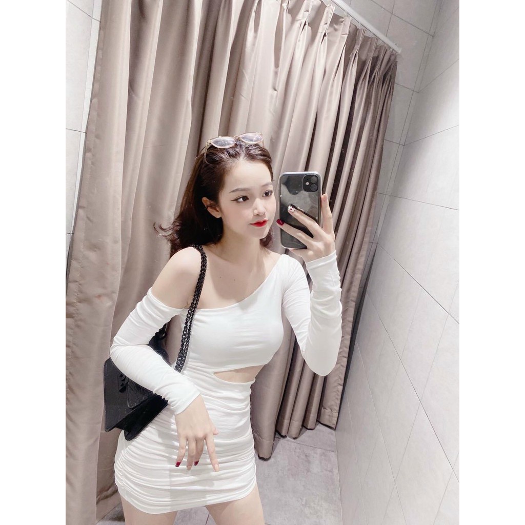 Đầm body lệch vai khoét eo siêu cá tính, váy dài tay hở eo chất thun co giãn cực tốt