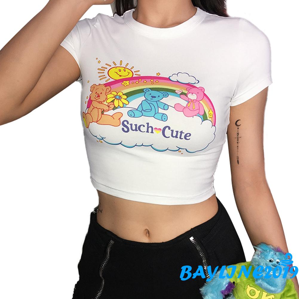 Áo Croptop Tay Ngắn In Hình Cầu Vồng Dễ Thương Cho Bạn Nữ