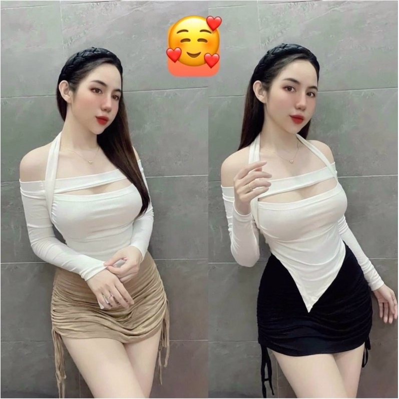 Set áo trễ vai xẻ ngực kiểu choàng cổ và chân váy body rút dây 2 bên có may kèm lót quần alohashop