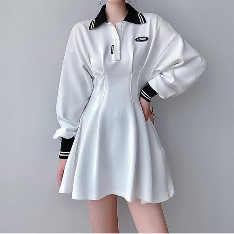 Váy trắng tay bồng cổ Polo thanh lịch
