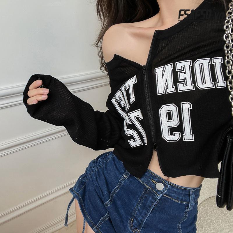 Áo Khoác Cardigan Dệt Kim Mỏng Tay Dài Dáng Rộng In Chữ Thời Trang Mùa Hè Cho Nữ