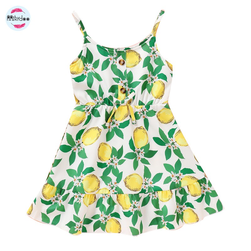 mikrdoo Kid Toddler Baby Girl Lemon Floral Print Strap Summer Fashion Party Dress