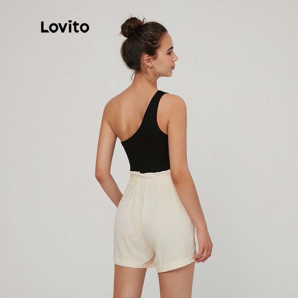 Áo Crop Top Dây Lovito Kiểu Lệch Vai Bất Đối Xứng Màu Trơn TKMDSYP1028 (Màu Đen)