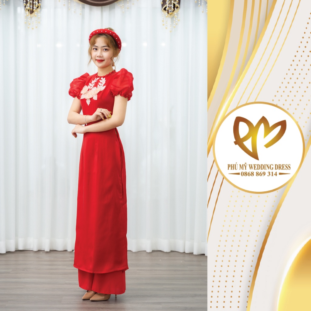 Áo dài truyền thống voan tơ tay bồng màu đỏ đính hoa hồng