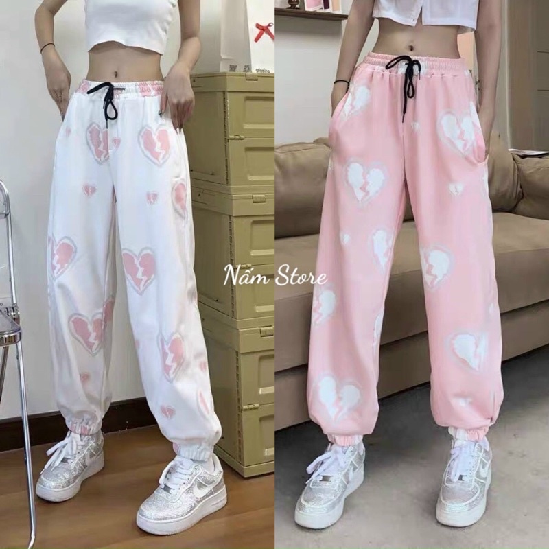 Quần Dài JOGGER HEART In Hình Trái Tim Bo Chun Form Rộng Dáng Suông Ulzzang