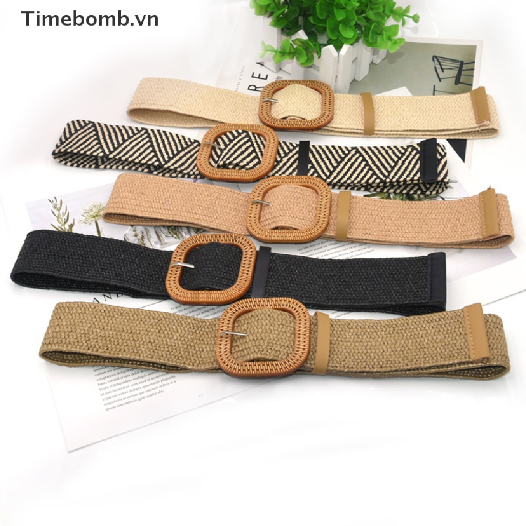 Thắt Lưng Đan Rơm Co Giãn Phối Khóa Vuông Thời Trang Mùa Hè Cho Nữ