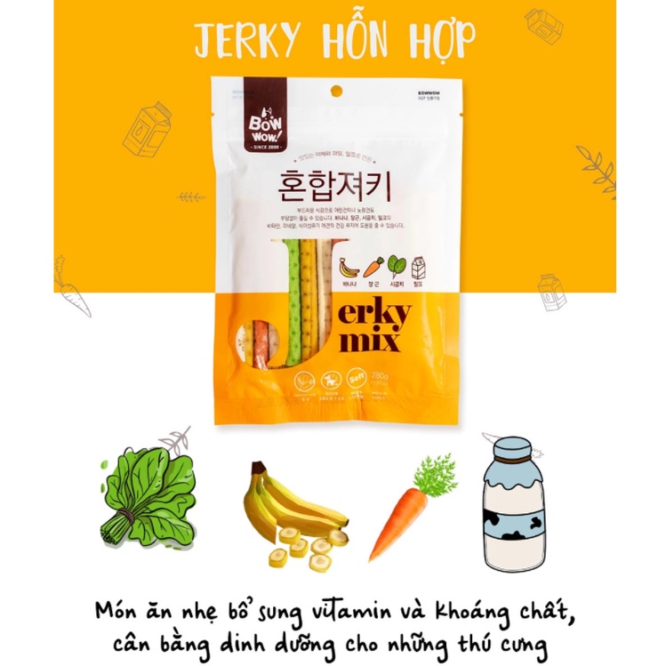 [DINH DƯỠNG CAO] JERKY HỖN HỢP CHO CHÓ BOWWOW BỊCH 280G - ĂN VẶT CHO CHÓ MÈO - BÁNH THƯỞNG CHO CHÓ MÈO