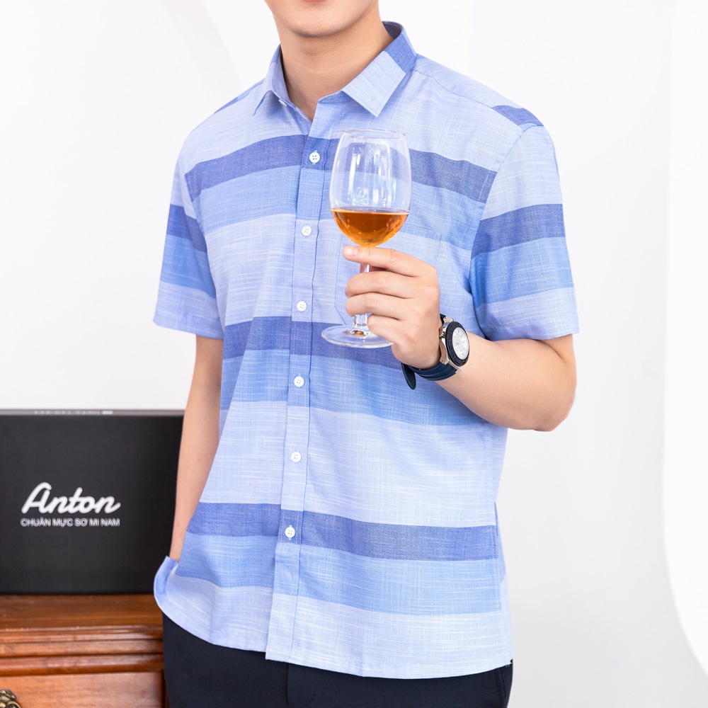 Áo Sơ Mi Nam Công Sở Trung Niên Thương Hiệu Anton Xanh Dương Kẻ Caro Ngắn Tay Vải Sợi Tre - GD566