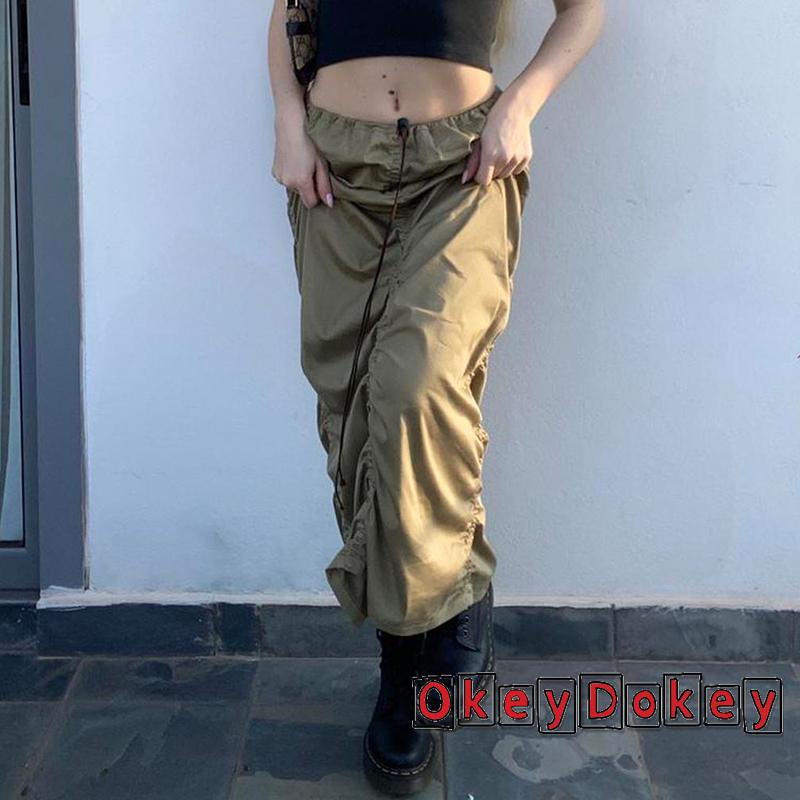 Chân Váy Dài Lưng Cao Co Giãn Màu Trơn Phối Dây Rút Y2K Dễ Điều Chỉnh Cho Nữ